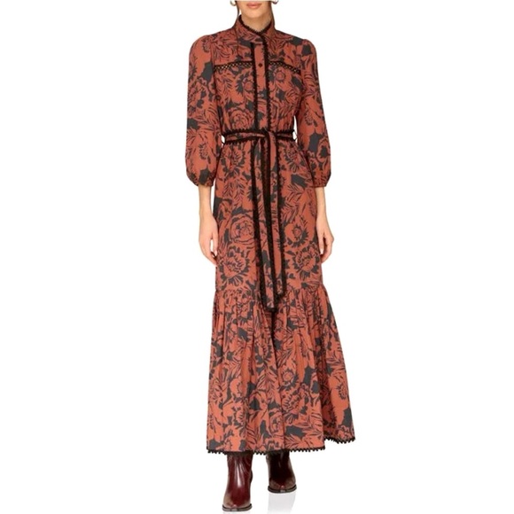 Avec Les Filles Dresses & Skirts - NWT Avec Les Filles Black & Rust Cotton Poplin Floral Belted Maxi Dress